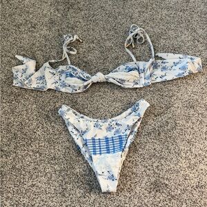 Blue and White Tie-Front Bikini Set